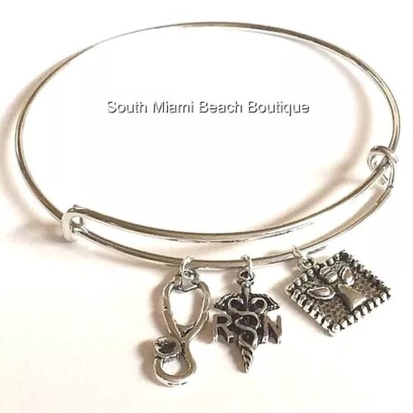 Nursing Caduceus Wire Charm Bracelet Stethoscope RN Graduation Gift Silver Tone - Picture 2 of 5